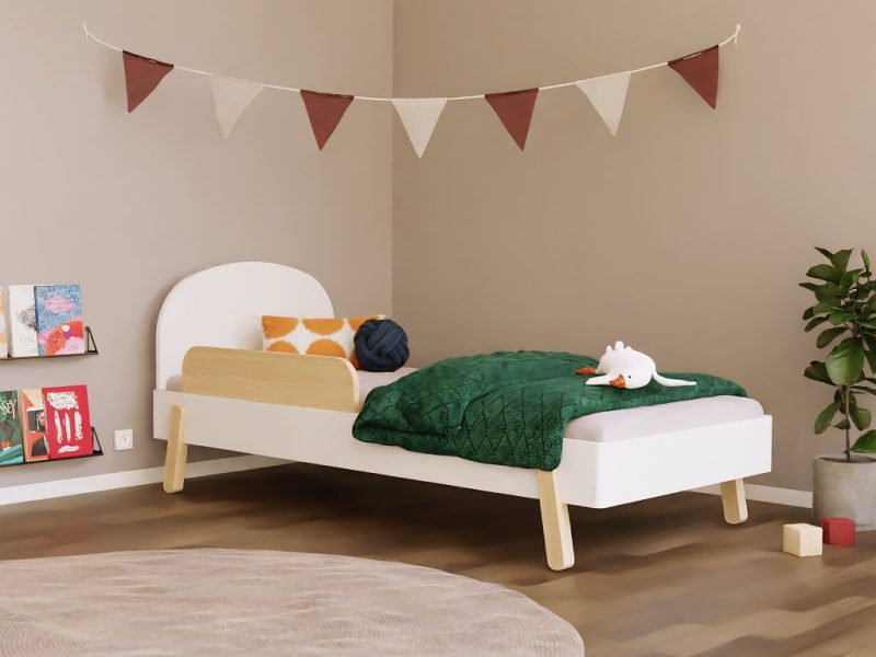 Lit simple enfant NOVA avec tête de lit ronde et paroi latérale 90x200 cm au design scandinave