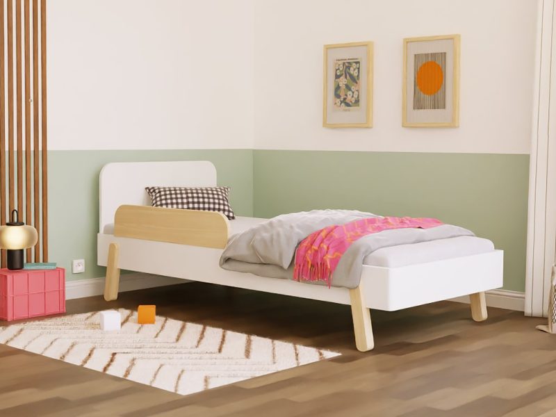 Lit simple enfant NOVA avec tête de lit rectangulaire et paroi latérale 90x200 cm au design scandinave