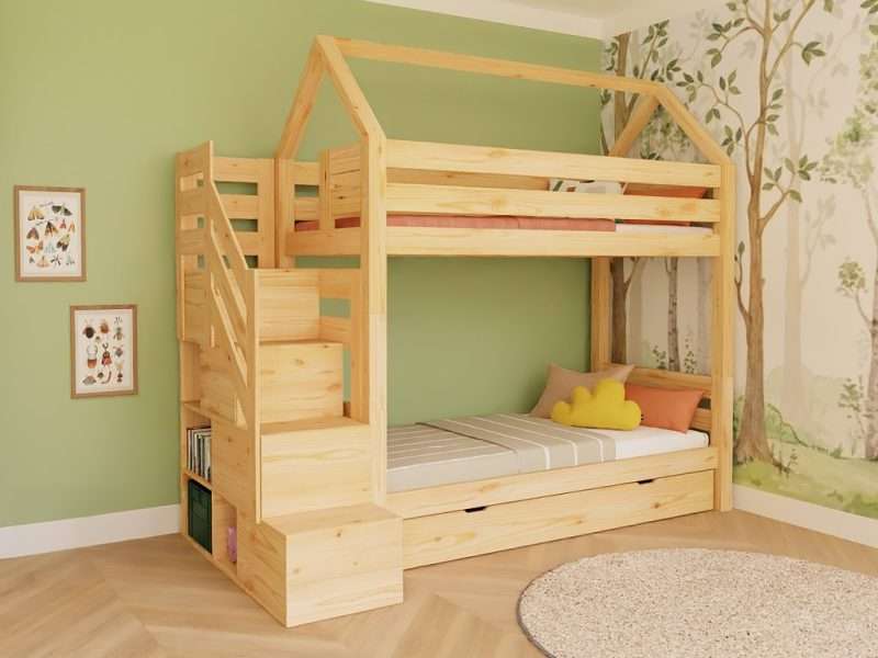 Lit superposé cabane ALPY avec escalier de rangement latéral – 90x200 cm