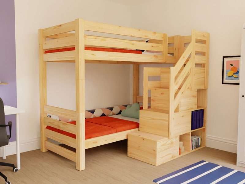 Lit superposé en bois ATLAS avec escalier de rangement frontal